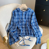 Blue Plaid Cropped Hooded Shirt