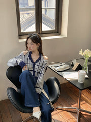 Blue Plaid Off-Shoulder Cardigan