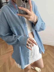 Blue Plaid Oversized Long Sleeves Shirt