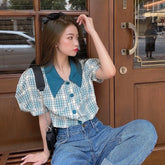Blue Plaid Puff Sleeve Collared Top