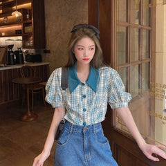 Blue Plaid Puff Sleeve Collared Top