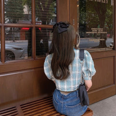 Blue Plaid Puff Sleeve Collared Top