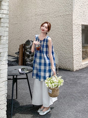 Blue Plaid Sleeveless Top And Wide Leg Pants Set