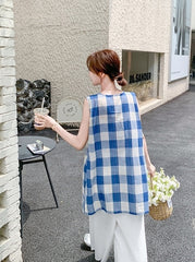 Blue Plaid Sleeveless Top And Wide Leg Pants Set