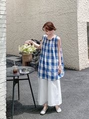 Blue Plaid Sleeveless Top And Wide Leg Pants Set