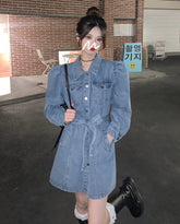 Blue Puff Sleeve Belted Denim Dress