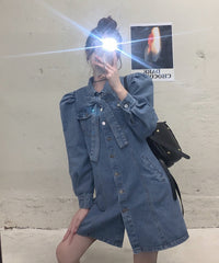 Blue Puff Sleeve Belted Denim Dress
