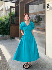 Blue Puff Sleeve V Neck Vacation Dress