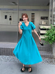 Blue Puff Sleeve V Neck Vacation Dress