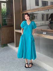 Blue Puff Sleeve V Neck Vacation Dress