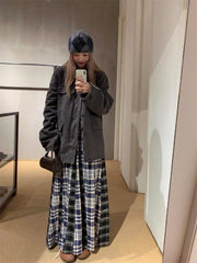Blue Ragged Plaid Midi Skirt