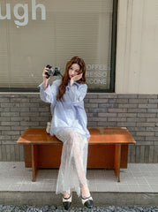 Blue Relaxed Fit Shirt And Skirt Casual Set