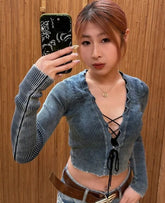 Blue Ribbed Lace Up Top