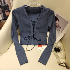 Blue Ribbed Lace Up Top