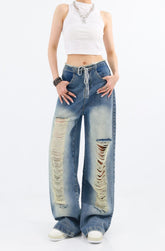 Blue Drawstring Distressed Jeans