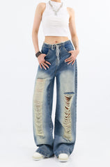 Blue Drawstring Distressed Jeans