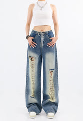 Blue Drawstring Distressed Jeans