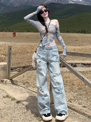 Blue Ripped Style Wide Leg Jeans