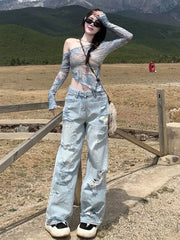Blue Ripped Style Wide Leg Jeans