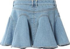 Blue Zip-Up Ruffled Denim Skirt