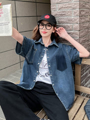 Blue Short Sleeves Oversized Denim Shirt