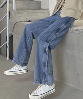Blue Side Buttons Wide Leg Jeans