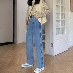 Blue Side Buttons Wide Leg Jeans