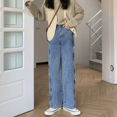 Blue Side Buttons Wide Leg Jeans