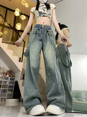 Blue Straight Cut Denim Jeans With Suspenders Detail