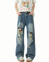 Blue Straight Cut Ripped Jeans