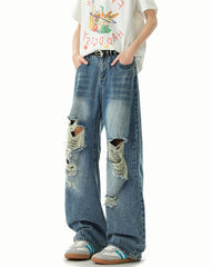 Blue Straight Cut Ripped Jeans