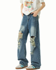 Blue Straight Cut Ripped Jeans