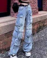Blue Strappy Multi-Pocket Cargo Jeans