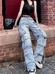 Blue Strappy Multi-Pocket Cargo Jeans