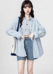 Blue Striped Polo Collar Overshirt Jacket