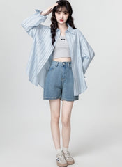 Blue Striped Polo Collar Overshirt Jacket