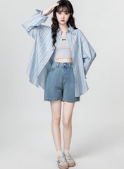 Blue Striped Relaxed Long Sleeve Shirt Jacket