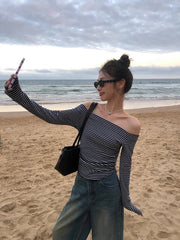 Blue Stripes Off-Shoulder Top