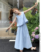 Blue Summer Casual Vest And Skirt Set