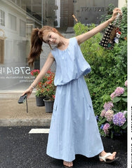 Blue Summer Casual Vest And Skirt Set