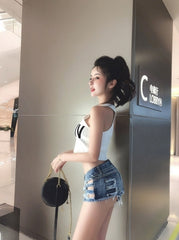 Blue Triple Side Rip Denim Micro Shorts