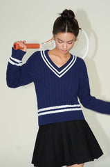 Blue V-Neck Sweater With White Linings |Yoon Ji Won �Love Your Enemy