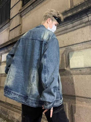 Blue Washed Biker Style Denim Jacket