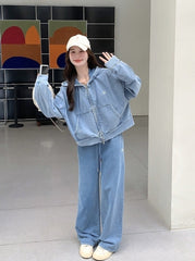 Blue Washed Denim Style Jacket And Pants Set