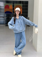 Blue Washed Denim Style Jacket And Pants Set