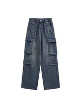 Blue Washed Stripes Wide Leg Cargo Jeans