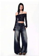 Blue Washed Wide Leg Jeans