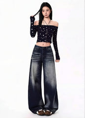 Blue Washed Wide Leg Jeans