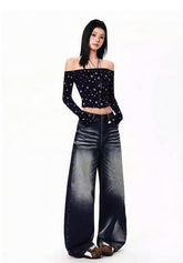 Blue Washed Wide Leg Jeans