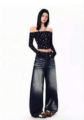 Blue Washed Wide Leg Jeans